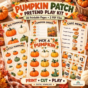 May include: A pumpkin patch pretend play kit featuring 39 printable pages and 2 PDF files. The set includes sheets with pumpkin illustrations, a pumpkin order form, a cafe menu with prices, and play money, all decorated with autumn leaves.