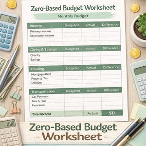 Könnte beinhalten: Ein digitaler Download eines Zero-Based-Budget-Arbeitsblatts. Das Arbeitsblatt enthält Abschnitte für Einkommen, Spenden & Ersparnisse, Wohnen und Transport. Das Bild zeigt auch einen Taschenrechner, Stifte und Münzen.