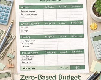 Hoja de cálculo de presupuesto de base cero: planificador de presupuesto en Excel, Google Sheets y PDF, registro mensual de finanzas (descarga digital).