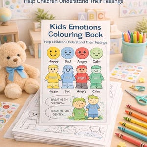 May include: A children's coloring book titled "Kids Emotions Colouring Book" with illustrations of emotions like happy, sad, and angry. The book includes coloring pages and the text "Help Children Understand Their Feelings". A teddy bear and crayons are also visible.
