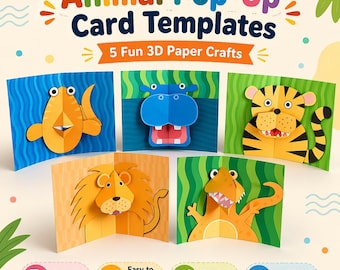 Mallar för popup-kort med 3D-djur | Fisk, flodhäst, tiger, lejon, dinosaurie (utskrivbar PDF)