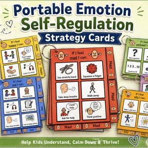 May include: A set of colourful self-regulation strategy cards, with illustrations and text prompts for managing emotions. The cards are on metal rings and include categories like "Happy," "Mad," and "Sad." The text reads "Portable Emotion Self-Regulation Strategy Cards."