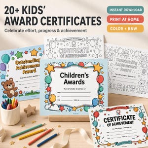 Op de afbeelding: Een verzameling van 20+ oorkondes voor kinderen met kleurrijke en zwart-wit ontwerpen met ballonnen, sterren en dieren. De tekst bevat 20+ KIDS' AWARD CERTIFICATES, INSTANT DOWNLOAD, PRINT AT HOME, COLOR + B&W en Children's Awards.