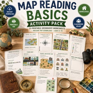 May include: A Map Reading Basics activity pack featuring 23 printable geography worksheets for ages 6-10. The collection includes pages on map legends, compass skills, town maps, pirate treasure maps, and navigation skills with clear text and illustrations.