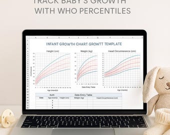 May include: A laptop screen shows an infant growth chart template with graphs for height, weight, and head circumference. The text reads "INFANT GROWTH CHART" and "TRACK BABY'S GROWTH WITH WHO PERCENTILES." A pacifier, bunny toy, and baby socks are next to the laptop.