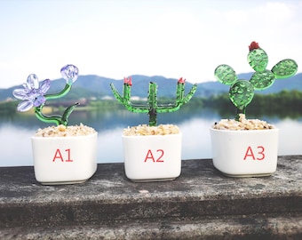 Handmade Stained Glass Cactus Succulent Set: Unique Home Decor