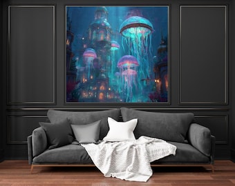 Underwater Cityscape Art Print: Glowing Jellyfish Fantasy (Digital Download)