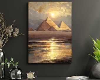 Golden Pyramids at Sunset | Ancient Egypt Digital Wall Art | Egyptian Desert Home Decor