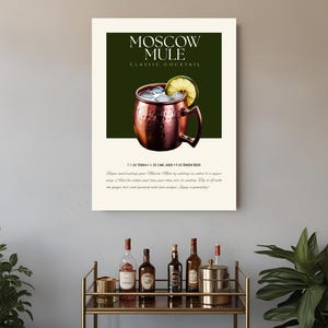 Póster elegante de cóctel Moscow Mule, arte mural vintage, decoración de bar, impresión de recetas de cócteles, artículos esenciales para el bar, regalo para amantes de los cócteles.