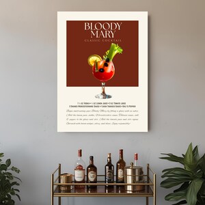 Elegante póster de cóctel Bloody Mary, arte mural vintage, decoración de bar, impresión de recetas de cócteles, artículos esenciales para el bar, regalo para amantes de los cócteles.