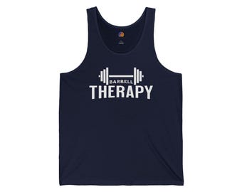 Barbell Therapy Tank Top: Airlume Cotton Gym Shirt, Motivational Workout Wear