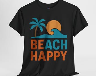 Beach Happy Graphic Tee: Heavy Cotton Palm Tree Sunset Shirt