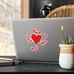 Heart with Halo, Wings & Devil Tail Vinyl Sticker - Kiss-Cut Decal, Cute Angel Devil Aesthetic, Waterproof, Removable, Positive Vibe Gift