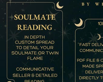 Könnte beinhalten: Dunkelgrüne Grafik mit goldenem Text, der Tarot-Lesungen bewirbt. Der Text enthält "Tarot Reading by Wren & Whim", "Soulmate Reading" und Details zum Service, wie z. B. individuelle Legungen und schnelle Lieferung.