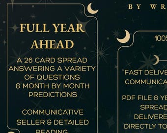 Könnte beinhalten: Eine dunkelgrüne Grafik mit goldenem Text und Akzenten, die für einen Tarot-Leseservice wirbt. Der Text enthält "Tarot Reading by Wren & Whim", "Full Year Ahead" und Details zur Lesung, einschließlich einer 26-Karten-Auslegung und monatlichen Vorhersagen.
