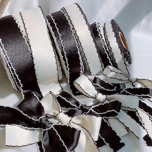 Matte Double-Faced Satin Ribbon with Picot Edge – Black & Ivory Korean Craft Trim