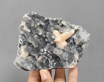 Calcedonia negra brillante con estilbita / Ejemplar de zeolita natural - 305 g