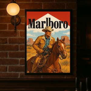 Vintage Marlboro Cowboy Print | 90s Western Wall Art | Retro Tobacco Ad Poster | Americana Home Decor