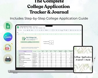 Puede incluir: Un portátil y una tableta muestran un rastreador y un diario de solicitudes universitarias. La pantalla del portátil muestra una hoja de cálculo con datos universitarios. La tableta muestra una portada de diario con texto y diseño de hojas. El texto superior dice "The Complete College Application Tracker & Journal."