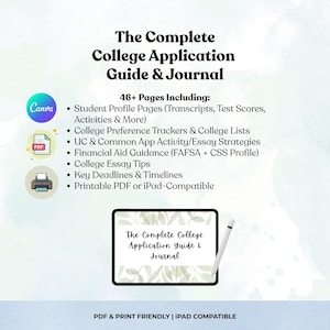 Puede incluir: Una guía digital titulada "The Complete College Application Guide & Journal" con un lápiz óptico blanco y una tableta. La guía incluye páginas de perfil de estudiante, rastreadores de preferencias universitarias, consejos de ensayo y orientación financiera. Compatible con PDF e iPad.