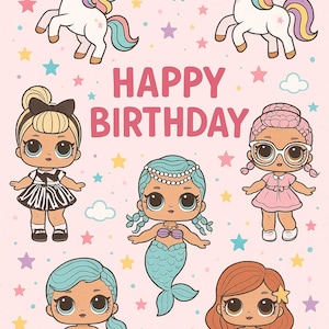 Cartão de Feliz Aniversário com Unicórnios, Sereias e Bonecas