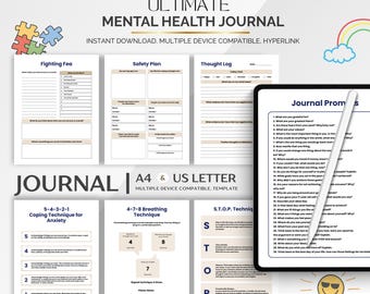 Mental Health Planner PDF, Mood Tracker & Self-Care Journal, Anxiety Worksheet and Therapy Log, Daily Mental Health Journal
