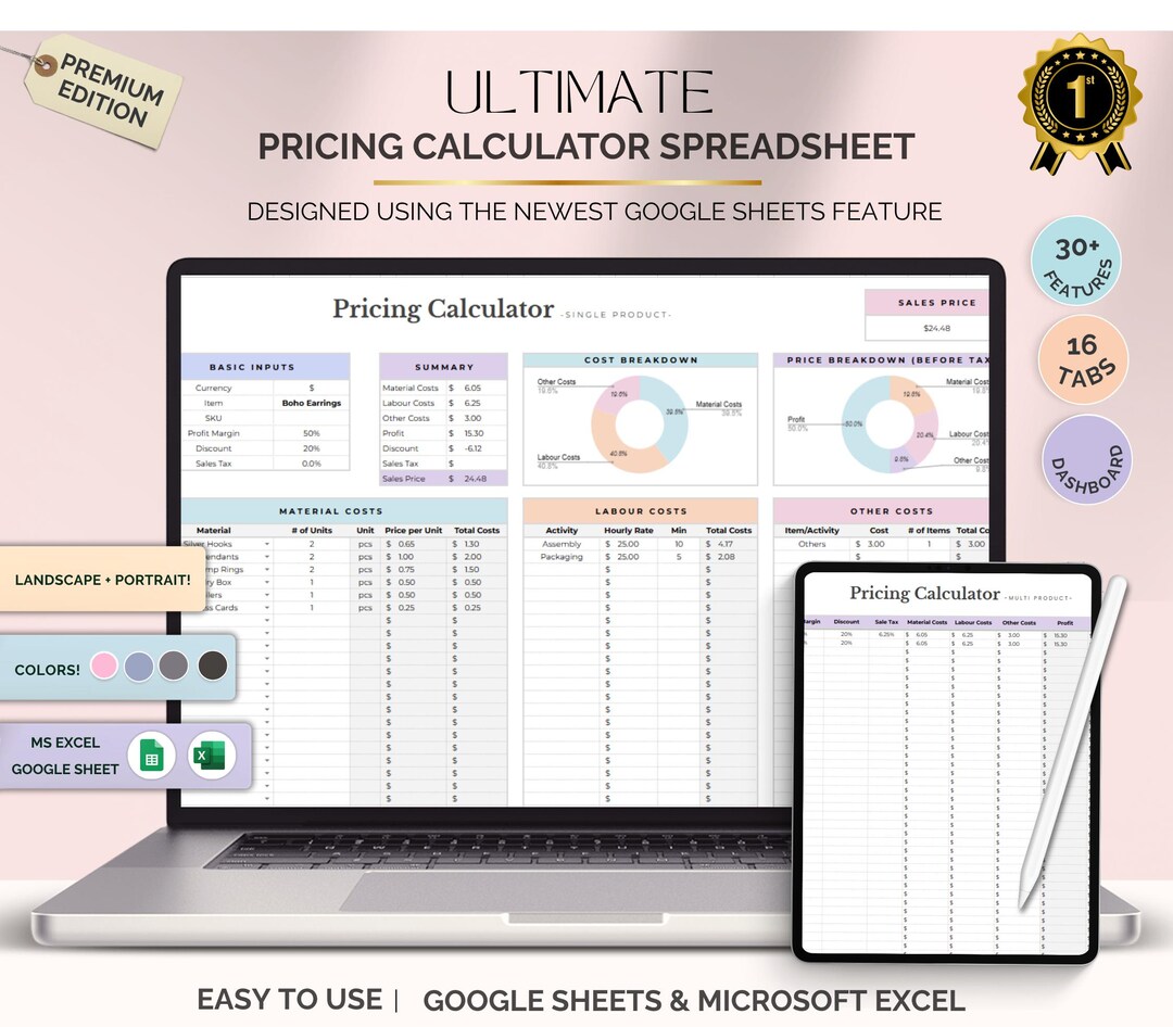 Pricing Calculator Spreadsheet for Small Business, Product Cost ...