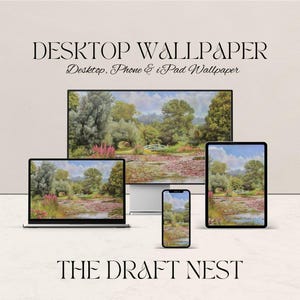 Puede incluir: Un diseño de fondo de pantalla para escritorio con una pintura de paisaje sereno de un estanque con un puente blanco, mostrado en una computadora portátil, un monitor de escritorio, una tableta y un teléfono inteligente. También se ve el texto "DESKTOP WALLPAPER" y "THE DRAFT NEST".