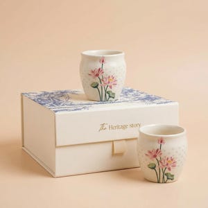 May include: Two off-white ceramic cups decorated with pink lotus flower illustrations and a small green bud. The cups are positioned with a rectangular off-white gift box featuring blue patterned lid art and the text The Heritage story in gold.