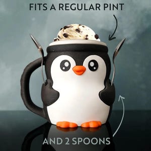 Penguin Ice Cream Pint Holder - 3D Printed Cozy with Spoon Slots | Optional Snack Drawer | Pebbles the Penguin | Left or Right Handle