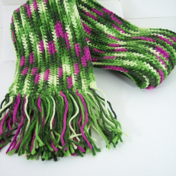 Hand Crocheted Purple, shades of Green and Yellow  Soft and Warm, Multicolored Handmade Scarf with hand tied fringe, Winter Accessories