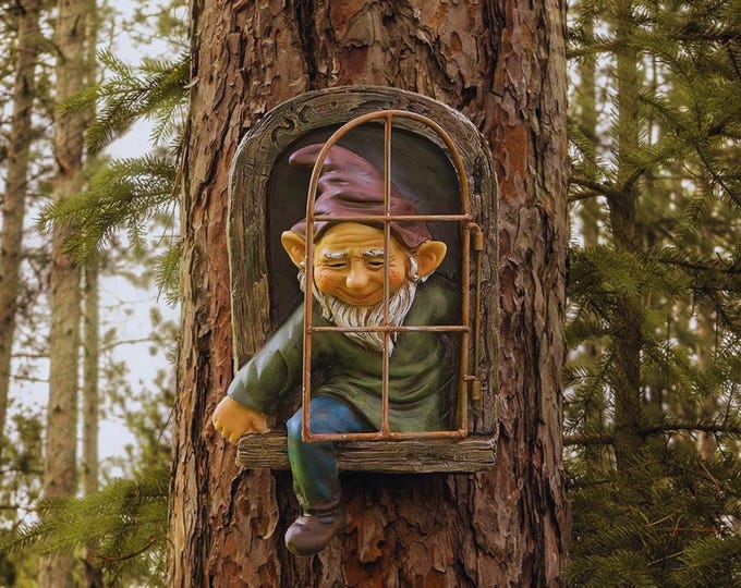Whimsical Tree Window Gnome Ornament • Outdoor Garden Elf Statue for Tree Trunk Décor