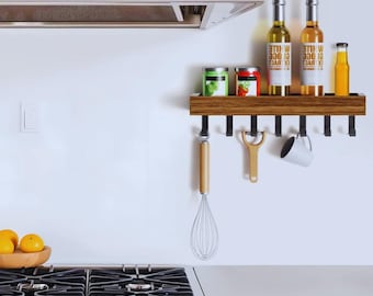 Rustic Wood Floating Shelf with Metal Hangers: Farmhouse Entryway Organizer