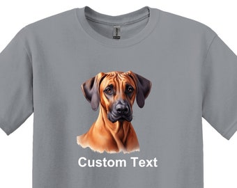 May include: A gray t-shirt with a brown and black Rhodesian Ridgeback dog illustration. The text "Custom Text" is printed below the image.