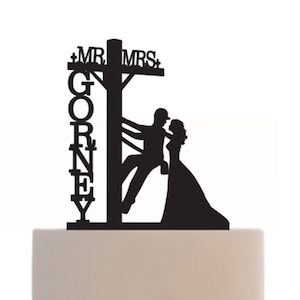 Custom Lineman Wedding Cake Topper - Couple Silhouette, Your last Name - Removable spikes and base for display after the event