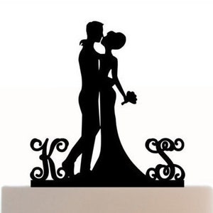 Custom Wedding Cake Topper Silhouette With 2 Monogram Personalized Initials for Groom & Bride, choice of color,