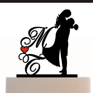 Custom Cake Topper Silhouette Personalized With Initials, Heart For Wedding or Engagement, Removable Spikes and Base