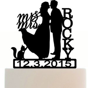 Custom Wedding Cake Topper , Couple Silhouette and any Dog of your choice or Cat with Removable Base and Spikes