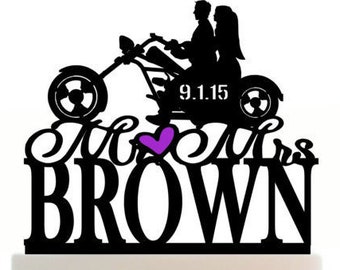 Custom Mr & Mrs Wedding Cake Topper, Motorcycle Silhouette