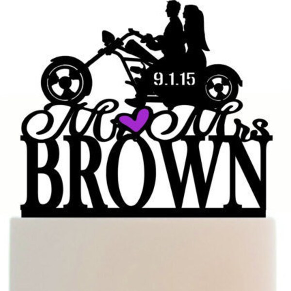 Custom Mr & Mrs Wedding Cake Topper, Motorcycle Silhouette