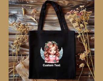 Girl Angel 100% Cotton Canvas Tote Bag, Custom Text