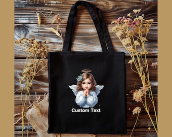 Girl Angel 100% Cotton Canvas Tote Bag, Custom Text