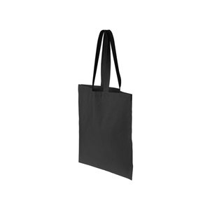 May include: A black tote bag with two long handles. The bag is made of a canvas material.