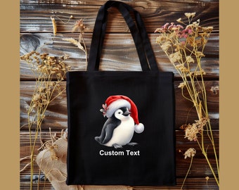 Christmas Penguin Cotton Tote Bag, Personalized Gift