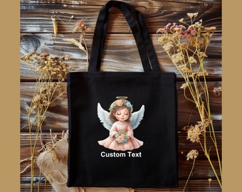 Girl Angel 100% Cotton Canvas Tote Bag, Custom Text