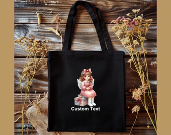 Girl Angel 100% Cotton Canvas Tote Bag, Custom Text