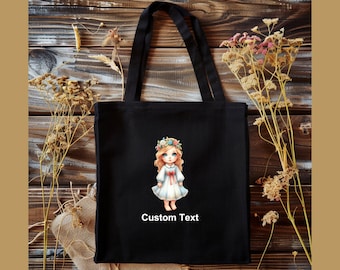 Girl Angel 100% Cotton Canvas Tote Bag, Custom Text