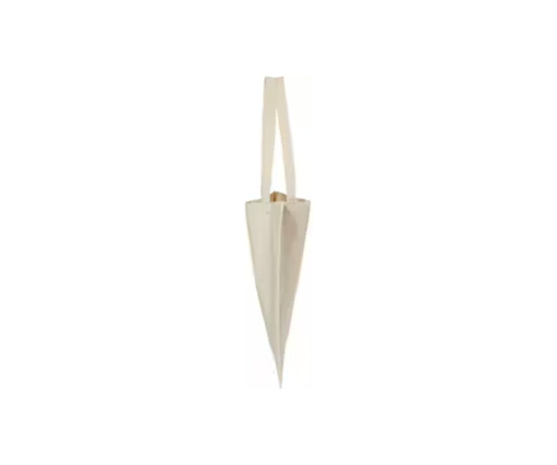 May include: A white canvas tote bag with two handles. The bag is folded in half and standing upright.