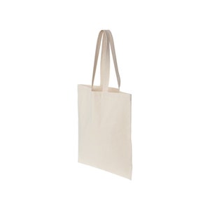May include: A plain white canvas tote bag with two long handles.
