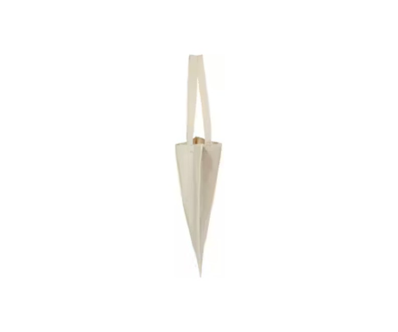 May include: A white canvas tote bag with two handles. The bag is folded in half and standing upright.